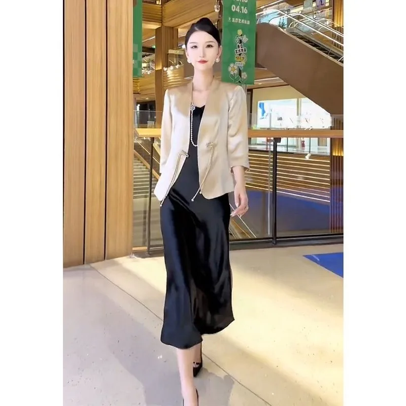 Nowa damska odzież w stylu chińskim, ekskluzywny profesjonalny satynowy garnitur, sukienka na ramiączkach, dwuczęściowy zestaw, wiosenna i jesienna moda, individualność.
