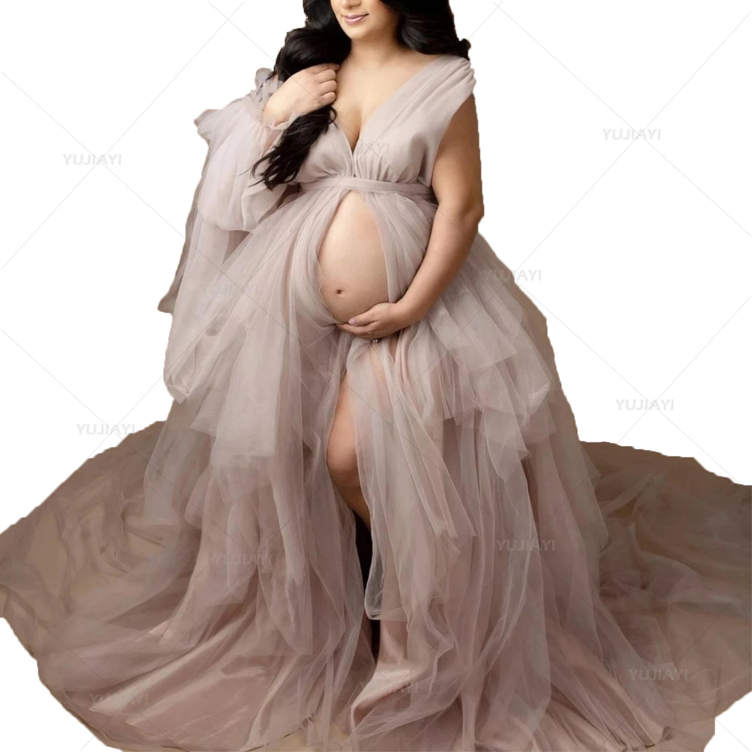 Fluffy Tulle Maternity Dresses for Babyshower V Neck Tulle Robe Maternity Gown Photography Outfit Pregnancy Women Long Dress