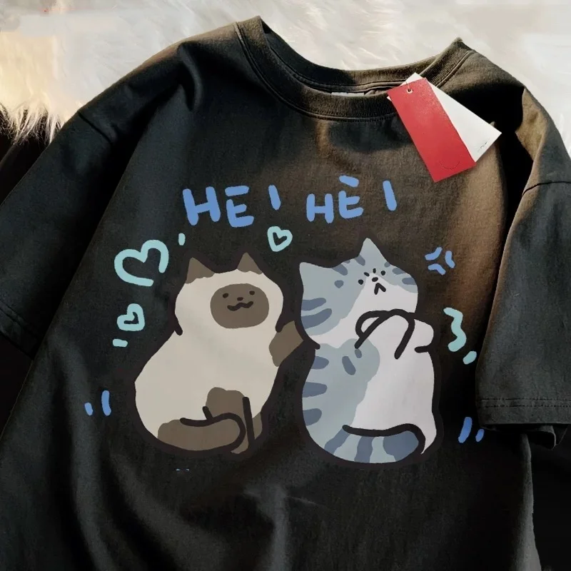 

2025 Cute Cat Pure Cotton Couples T-Shirt Loose Fit His And Hers Matching Set Breathable Fabric Casual Daily Wear Oversize 5XL