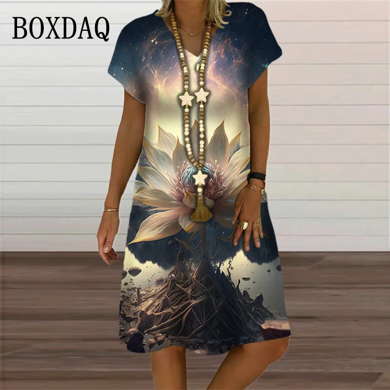 2023 New Summer Dresses Fashion Women Floral Print Dress Casual V-Neck Short Sleeve Loose Oversized Clothing Ladies Sundress