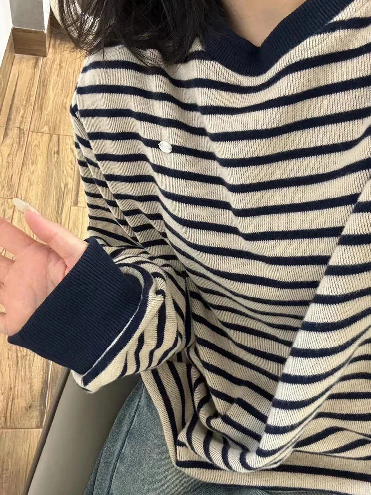 Retro Striped Sweatshirt Women Autumn Warm Long Sleeve O Neck Knitted Pullover Korean Loose All-Match Preppy Hoodie Female New