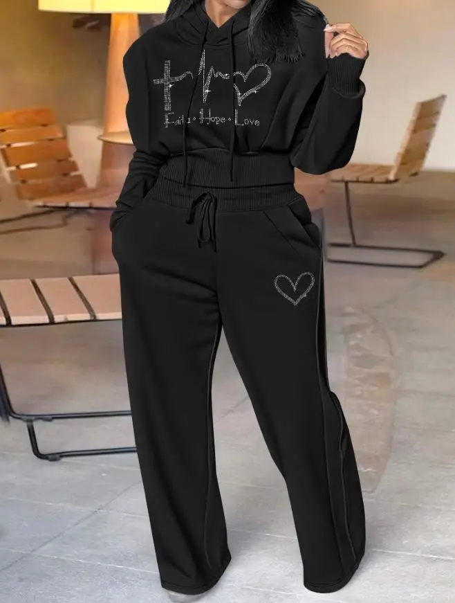 

Two Piece Set Women Outfit 2025 New Rhinestone Letter Pattern Crop Drawstring Hoodie Sweatshirt & Casual Wide Leg Sweatpants Set