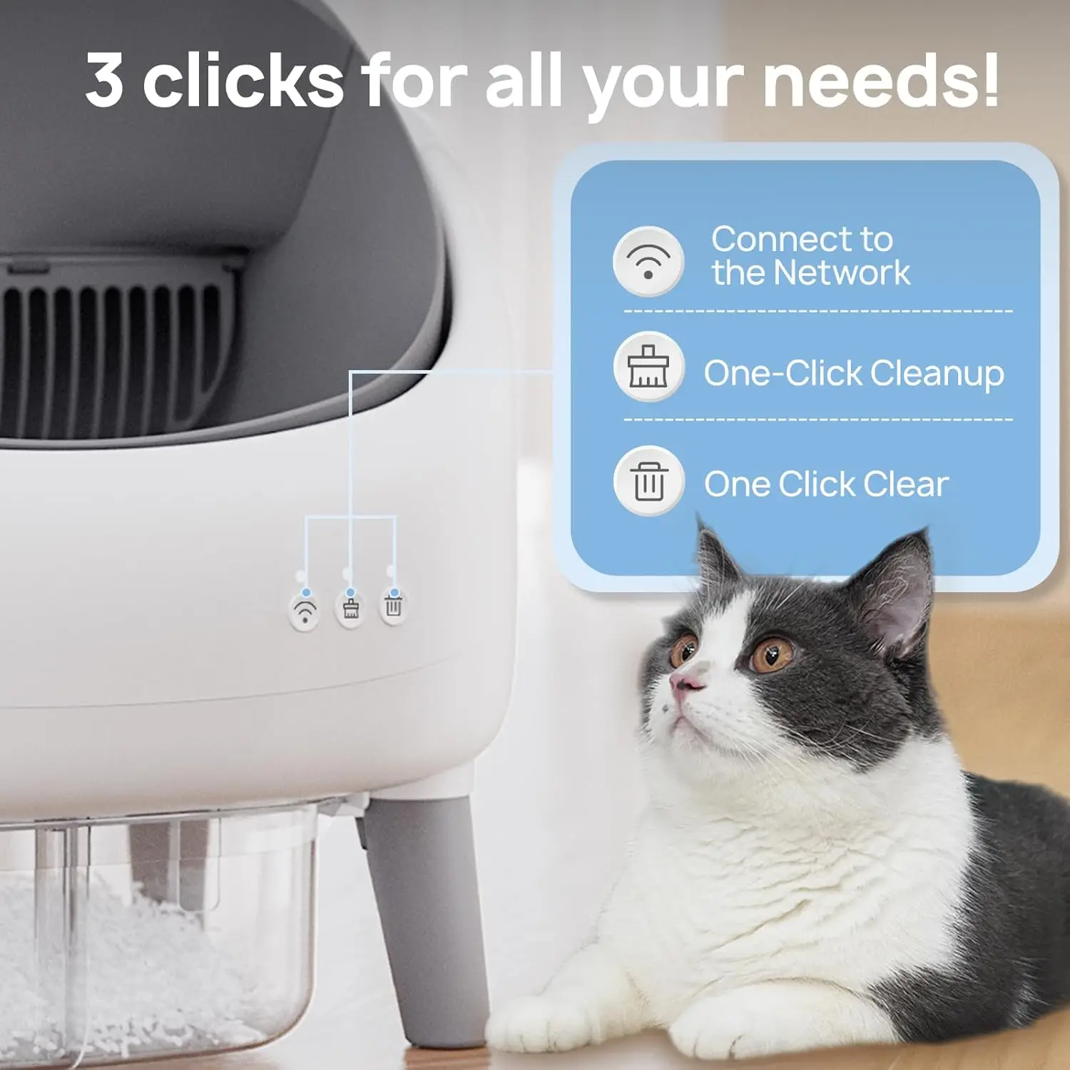 Top Seller Dual Safety Sensor Automatic Self-Cleaning Cat Litter Box With APP Control Grey-White Plastic Trash Bags Included