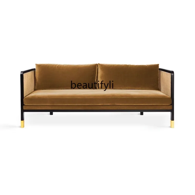 

French Retro Solid Wood Rattan Sofa Small Apartment Designer Fabric Card Holder Leisure Set Single Three-Seat Sofa