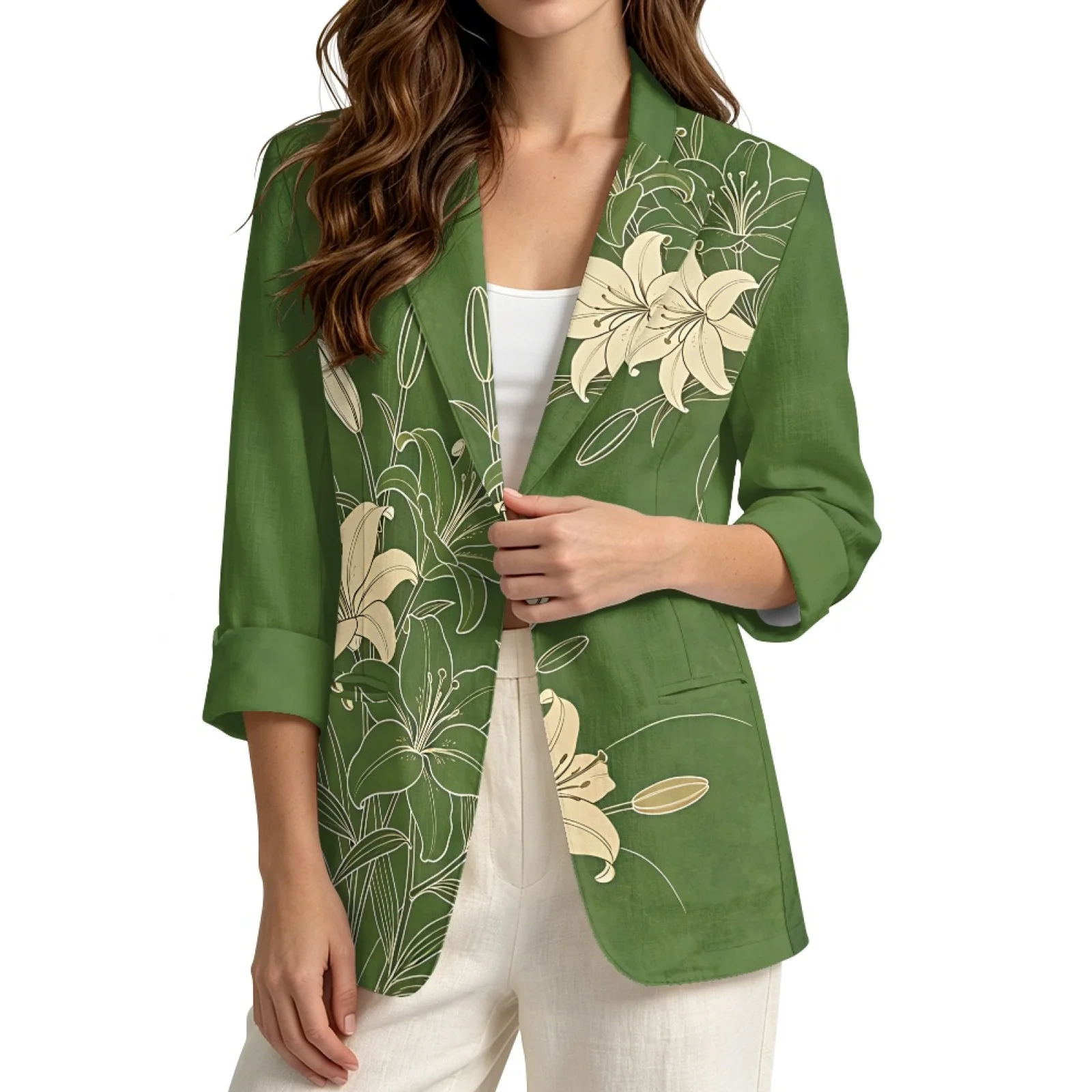 PENSTROLL Green Lily Print Linen Style Open Cardigan Open Front Cardigan for Women Comfortable Light Cover Up