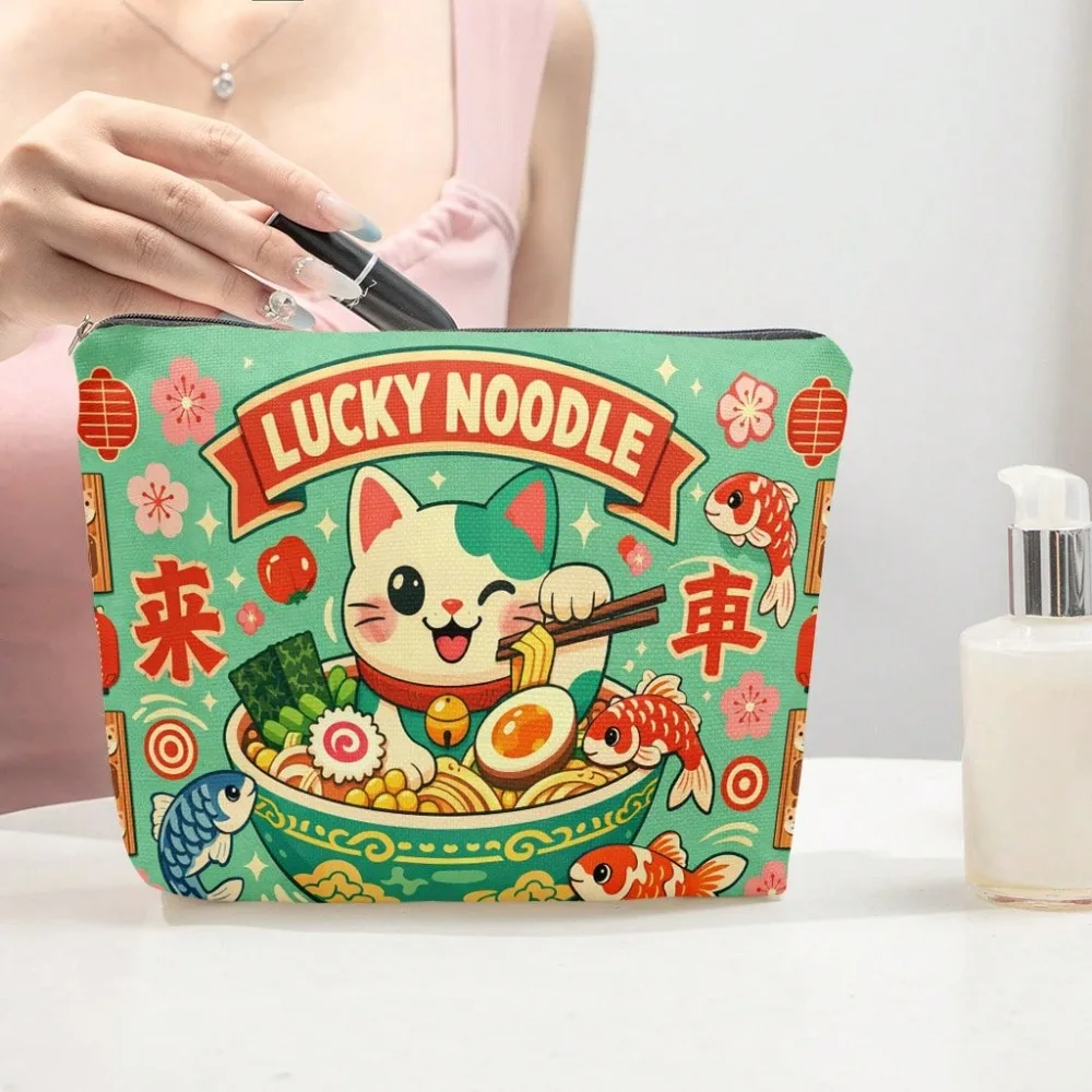 1 linda bolsa de cosméticos con diseño de gato de la suerte Lamian Noodles, bolsa de cosméticos con diseño de gato y fideos, bolsa de viaje plegable y ligera