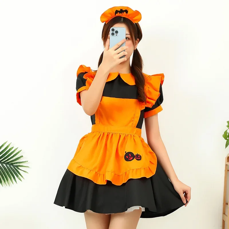 S-5XL Plus Size Halloween Bat Maid Cosplay Costumes Pumpkin Suit Womens Maid Role Play Costumes Lolita Female Dress Magic Witch