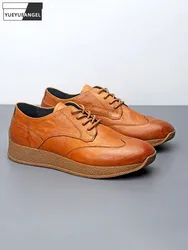 Mens Breathable Thick Platform Lace Up Low Cut Joggers Sneakers Vintage Cowhide Genuine Leather Shoes Outside Trainers Footwear