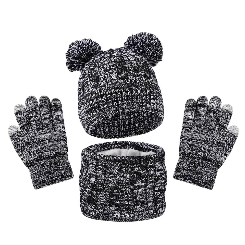 

Fashion Warm Winter Hat Scarf Gloves Set Windproof Thicken Pompom Knitted Hats Soft Scarf Cap Children's