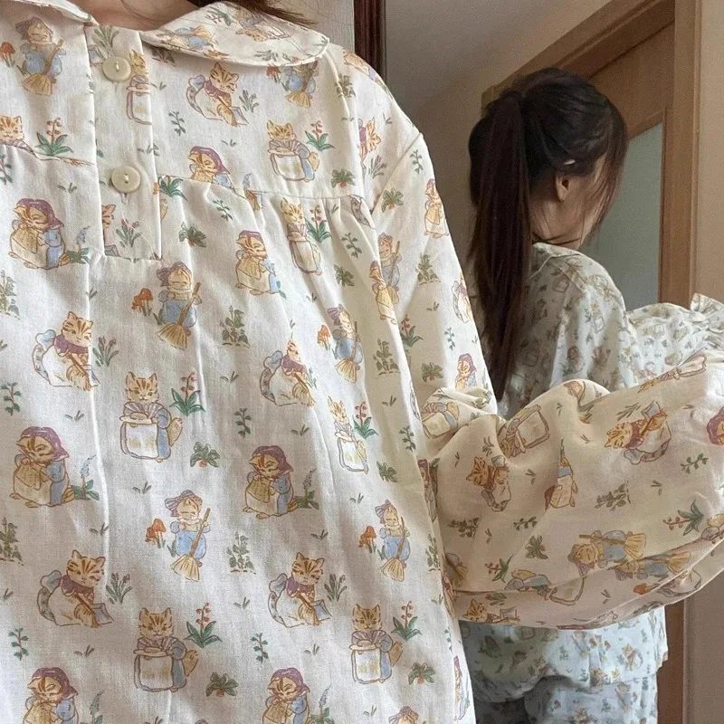 Women's Pajamas New Autumn Spring Long Sleeve Soft Sleepwear Set Striped cartoon pyjama Woman Home Nightwear Set Cardigan