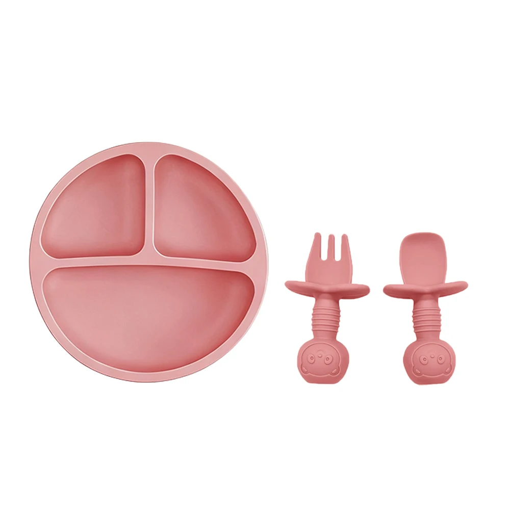 3PCS Silicone baby feeding tray spoon fork set, durable silicone handle weaning spoon fork for infants, self feeding device
