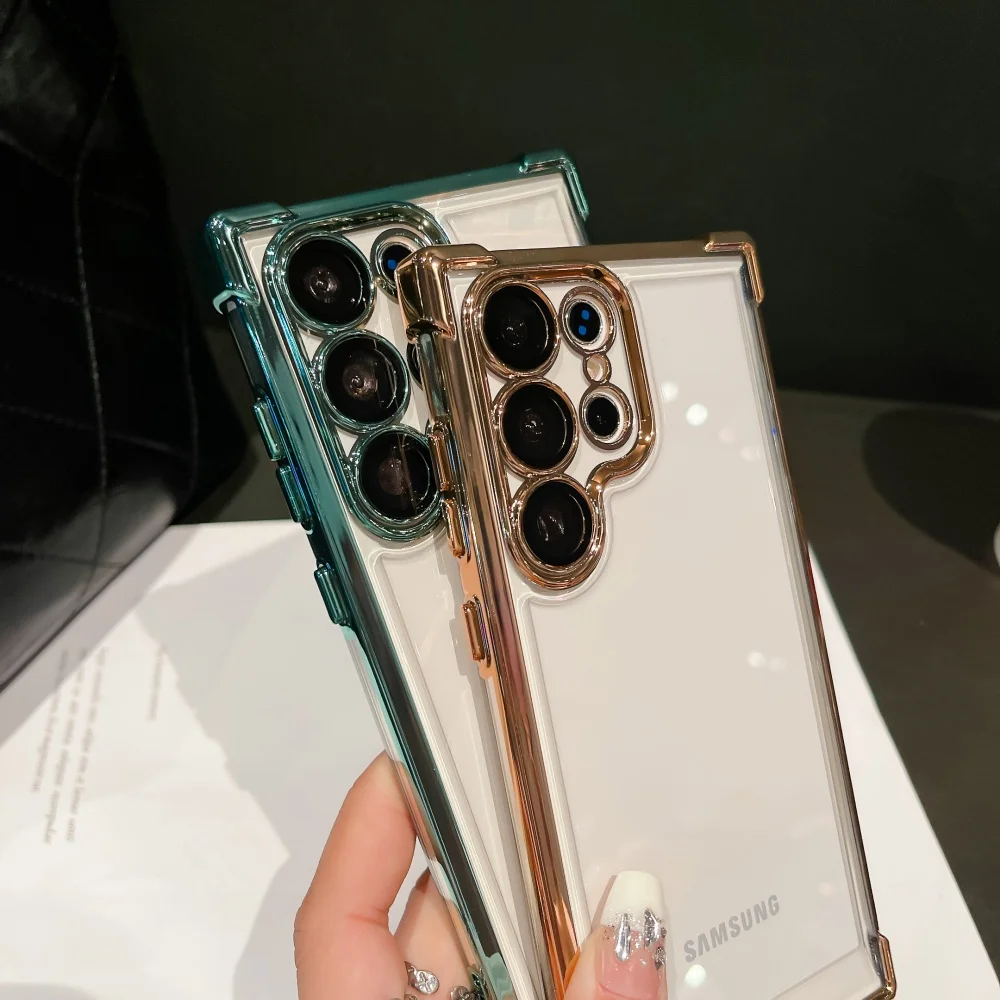 حافظة مطلية فاخرة لهاتف سامسونج جالاكسي S26 Edge S25 S24 S23 S22 Ultra Plus FE A56 A53 A35 غطاء حماية عدسة شفافة مقاومة للصدمات