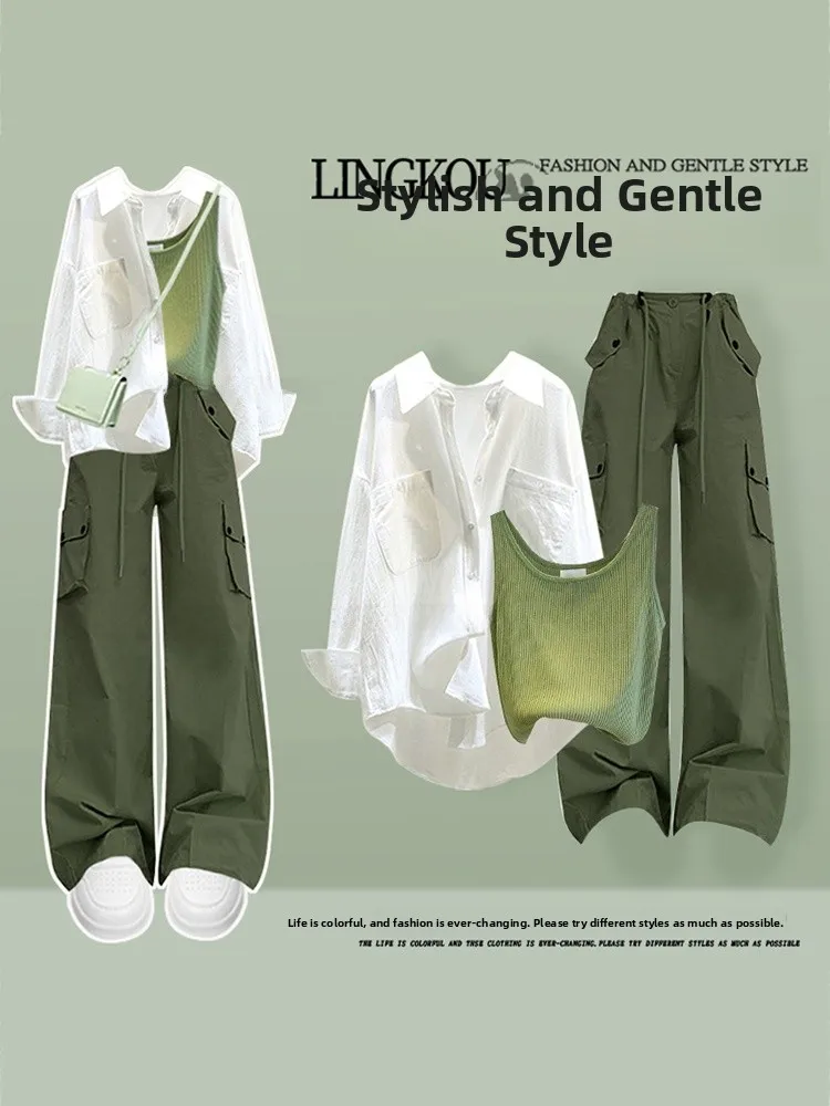 

Summer Casual Three-Piece Set Women's High Waist Retro Workwear Pants Sun Protection Age-Defying Vest Slimming Effect
