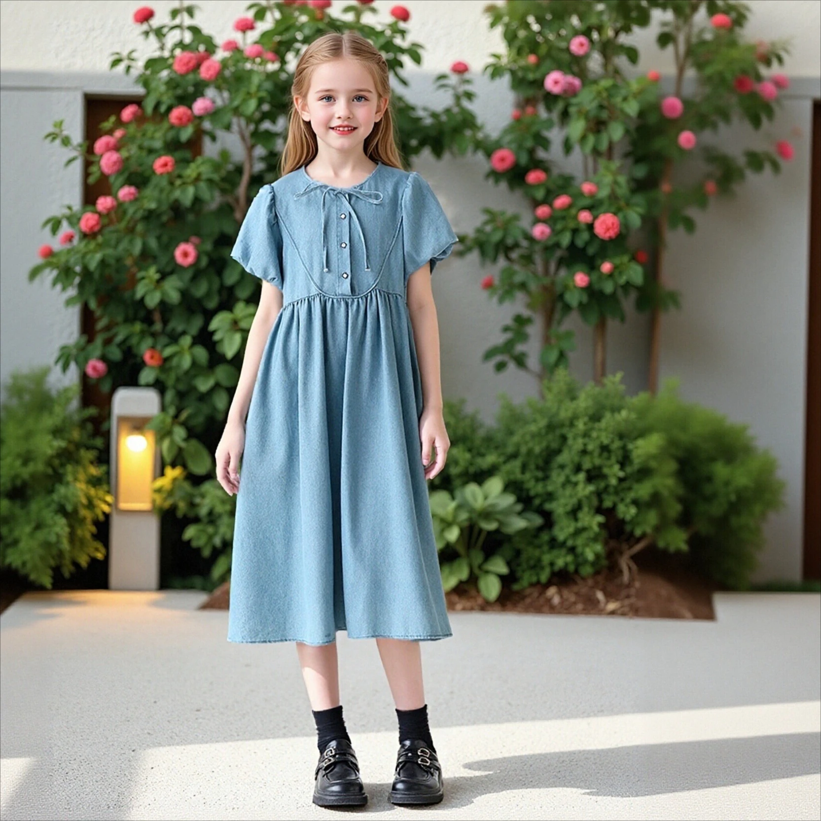 

Girls Light Blue Denim Midi Dress Puff Sleeve Tie Neck Button Front A-Line Dress for Kids Casual School Wear Teen Daily Outfit