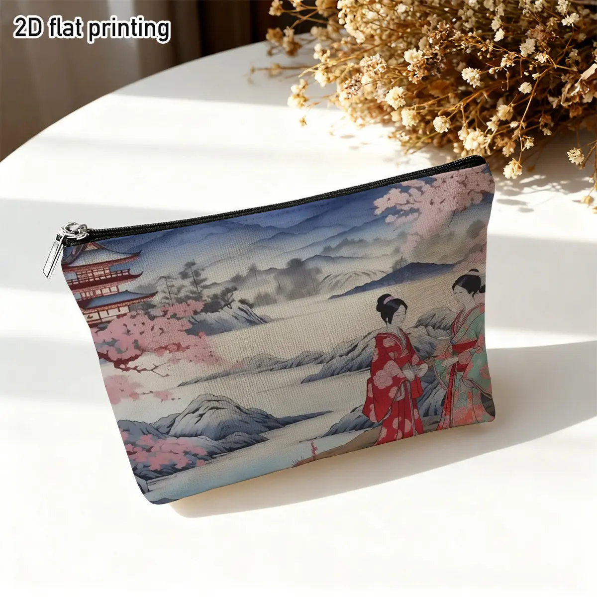 Traditional Japanese Style Two Geishas in Kimono Makeup Bag Cherry Blossoms Pagoda Scenery Storing Cosmetics Weekend Getaways