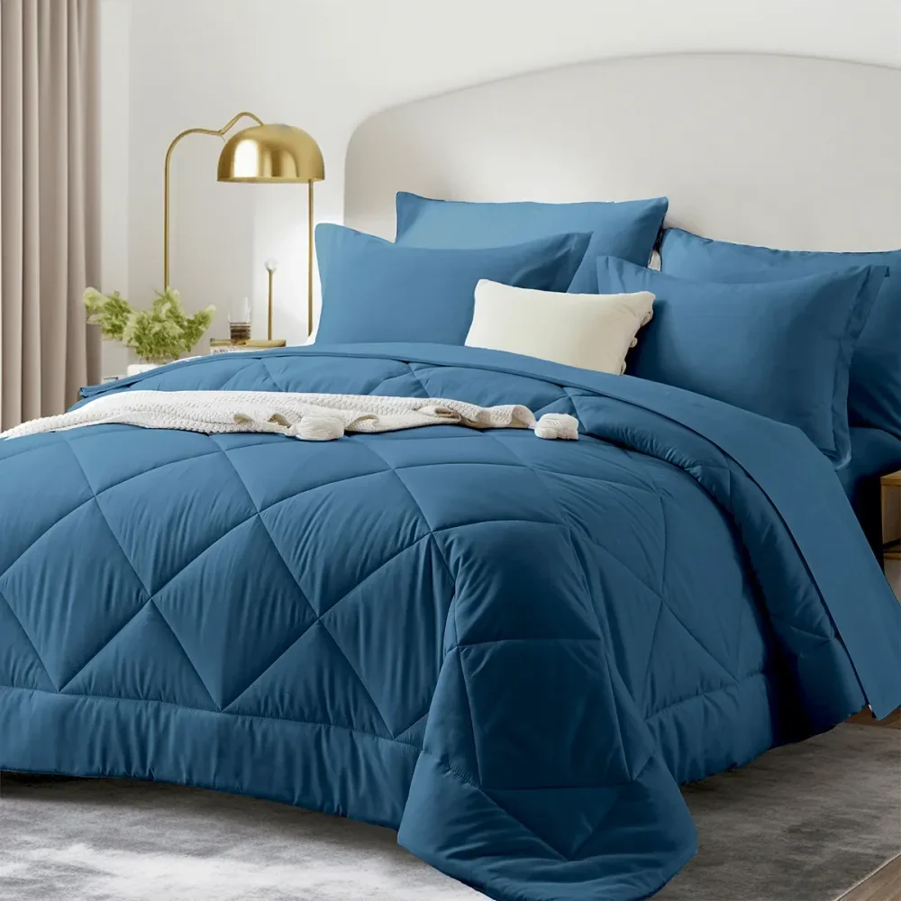 7 Piece Solid Color Bed Comforter Set Queen, Creative Geometric Pattern Design, Soft And Comfortable Summer Bedding Set.Bed In A