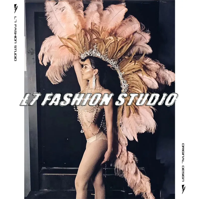 Exaggerated Pink Ostrich Feather Headpiece GOGO Bar Commercial Performance Dress Nightclub Party Fashion Show Jumpsuit