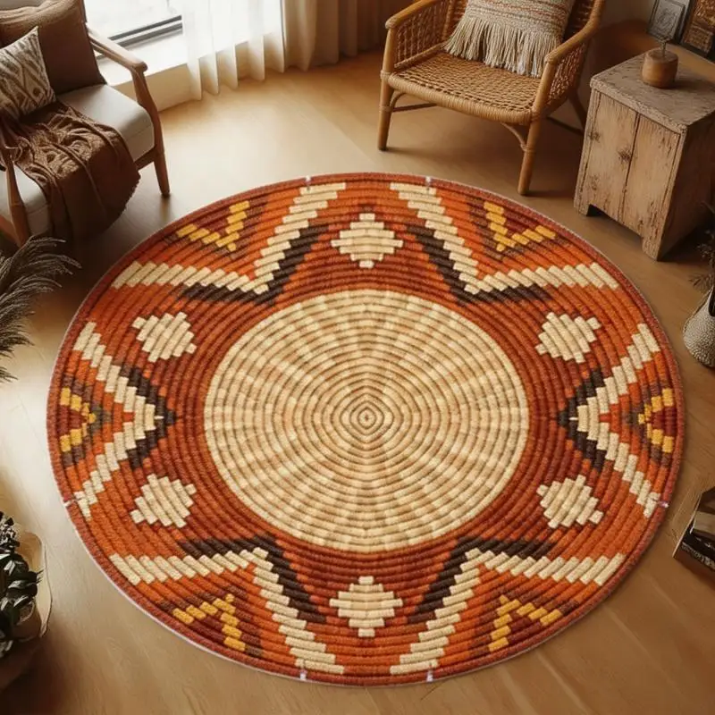 Orange Rug Round Bright Caramel Felt NonSlip Carpet For Living Room Bedroom Bedside Aztec Tribal Geometric Straw Texture