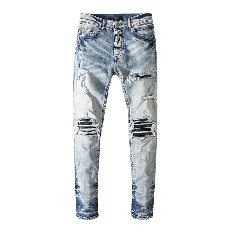 High street fashion new men's jeans washed nostalgic stretch slim fit perforated patch light blue jeans hip-hop high-quality pan