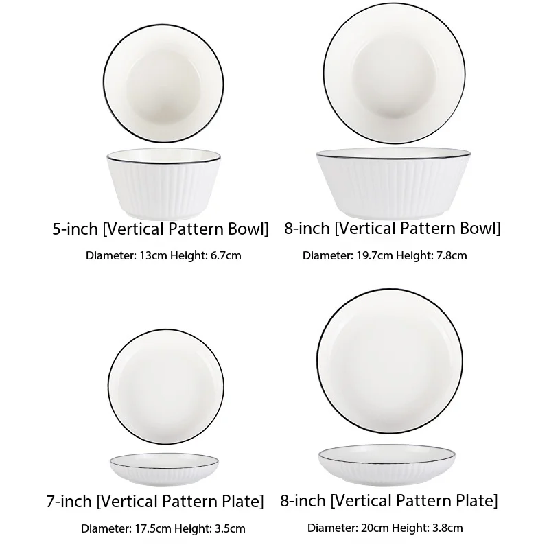 4 Pack 7/8 Inch Nordic Minimalist Ceramic Plates, Vertical Ribbed Modern Dinner Plates, Japanese Style Tableware