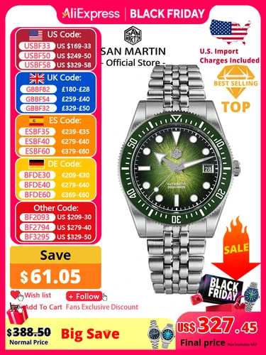 Reloj de buceo San Martin de 37,5mm para hombre Miyota 9015, esfera esmaltada Sunburst, relojes mecánicos automáticos de lujo, resistente al agua 200m SN0148