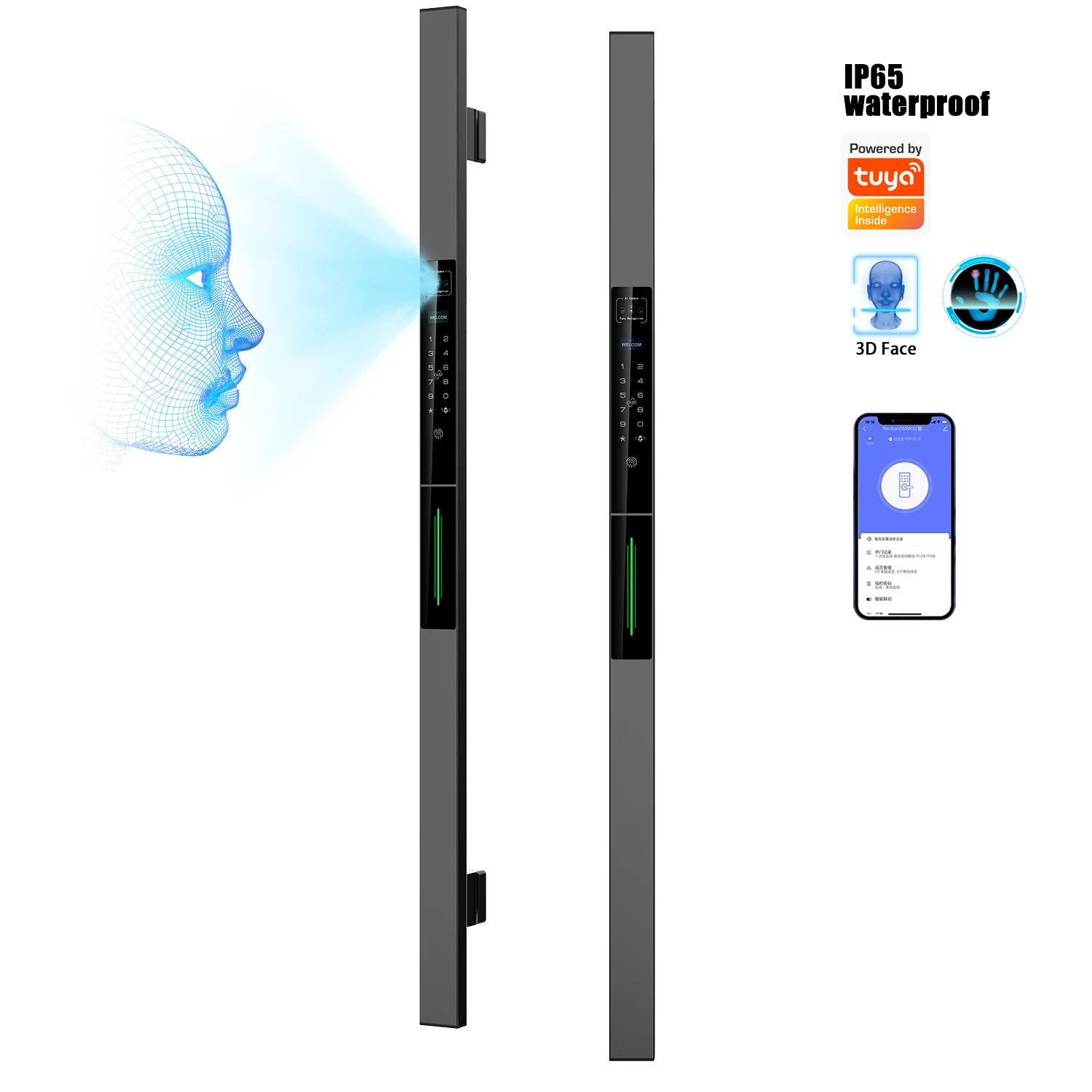 Ip68 Waterproof Palm Vein Smart Door Lock Long Lever Handle Double Side Digital Tuya 3d Face Recognition Outdoor Smart Gate Lock