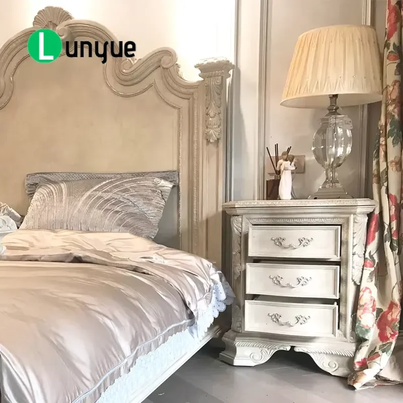 French Retro Solid Wood 3 Drawer Bedside Table Hand Carved Imitation Old Nightstand Storage Cabinet for Living Room Sofa Side