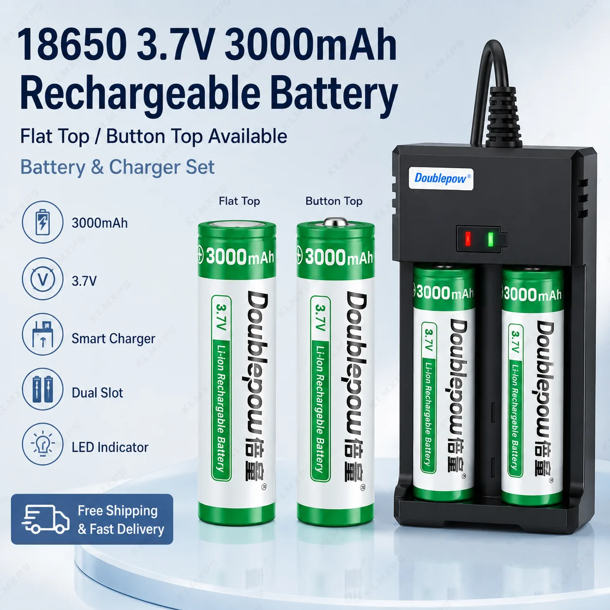 High Capacity 18650 3.7V 3000mAh Rechargeable Battery Flat Top Button Top with Dual Slot Smart Charger for Torch DIY Devices