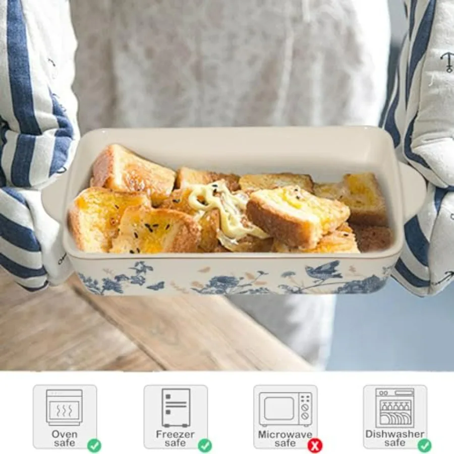 طقم مقالي خبز مكون من 2 زهرة زرقاء 14 بوصة سيراميك للفرن طقم أطباق خبز كسرول كبير مع مقابض أطقم خبز بورسلين C