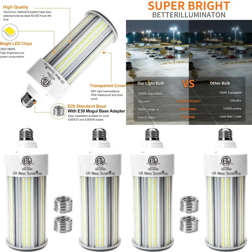 

1000W LED Corn Light Bulb, 15000 Lumens, 5000K Daylight, Medium Base, Suitable for Indoor & Outdoor Spaces