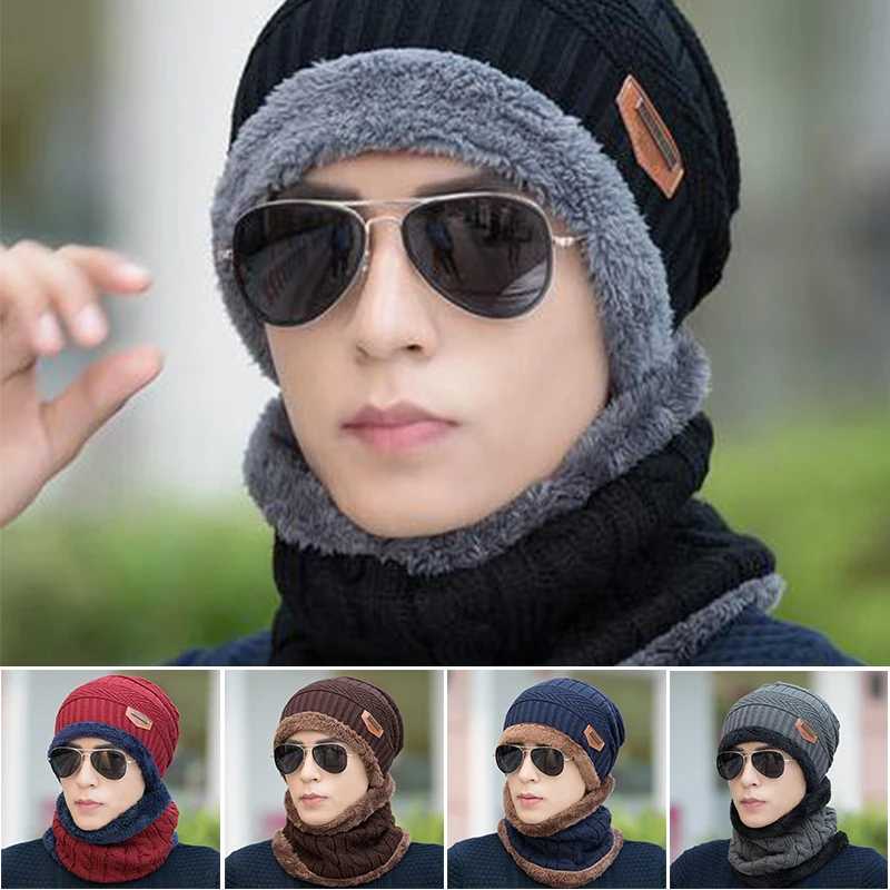 Winter Knit Cap Men And Women Outdoor Warm Thickening Plus Loose Winter Hat With Scarf Winter Ski Mask Hat Motorcycle Equipments