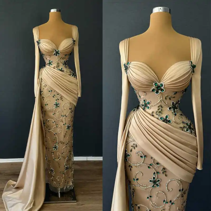 

Elegant Crystals Mermaid Evening Dresses Sweetheart Long Sleeve Floor Length Prom Gowns Beadeds Formal Party Customized