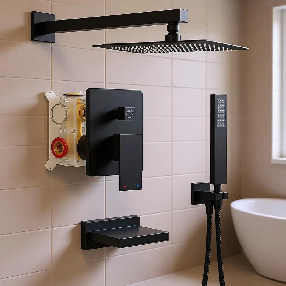 Black Shower System with Tub Spout, 10 Rain Shower and Handheld Spray Combo, Wall Mounted Tub Shower System with Trim Kit, Matte