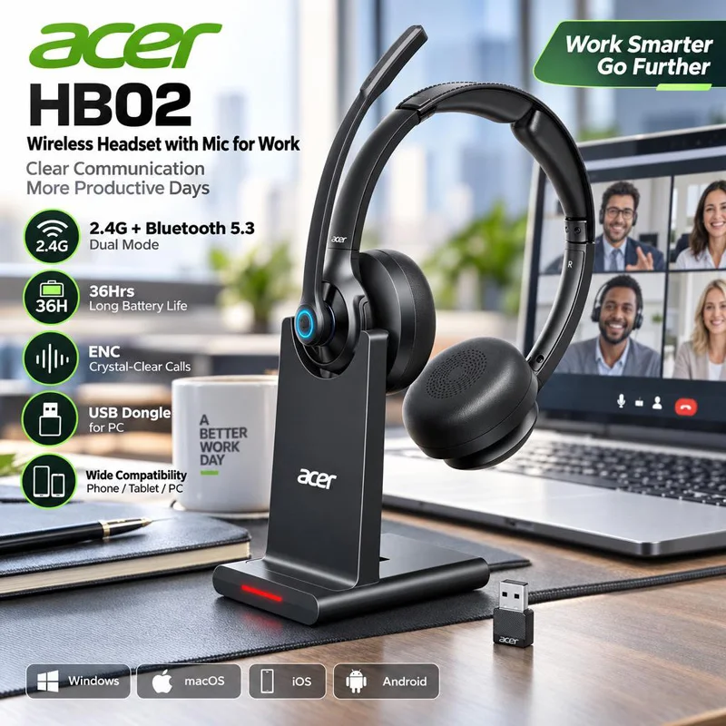Acer HB02 Kabelloses Headset mit Mikrofon für Arbeit 2,4G Bluetooth 5.3 Dual-Mode-Kopfhörer USB-Dongle für PC-Headset für Callcenter