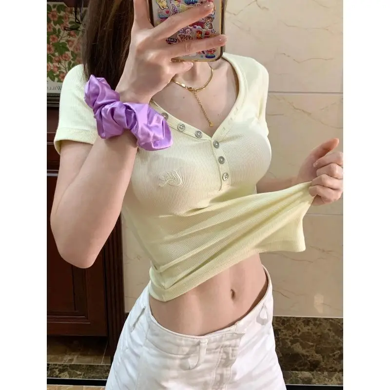 

Women Summer V-neck Slim Appear Thin Solid Color Short Sleeve Office Lady T-Shirt Ladies Trend Temperament All-match Sweet Tops