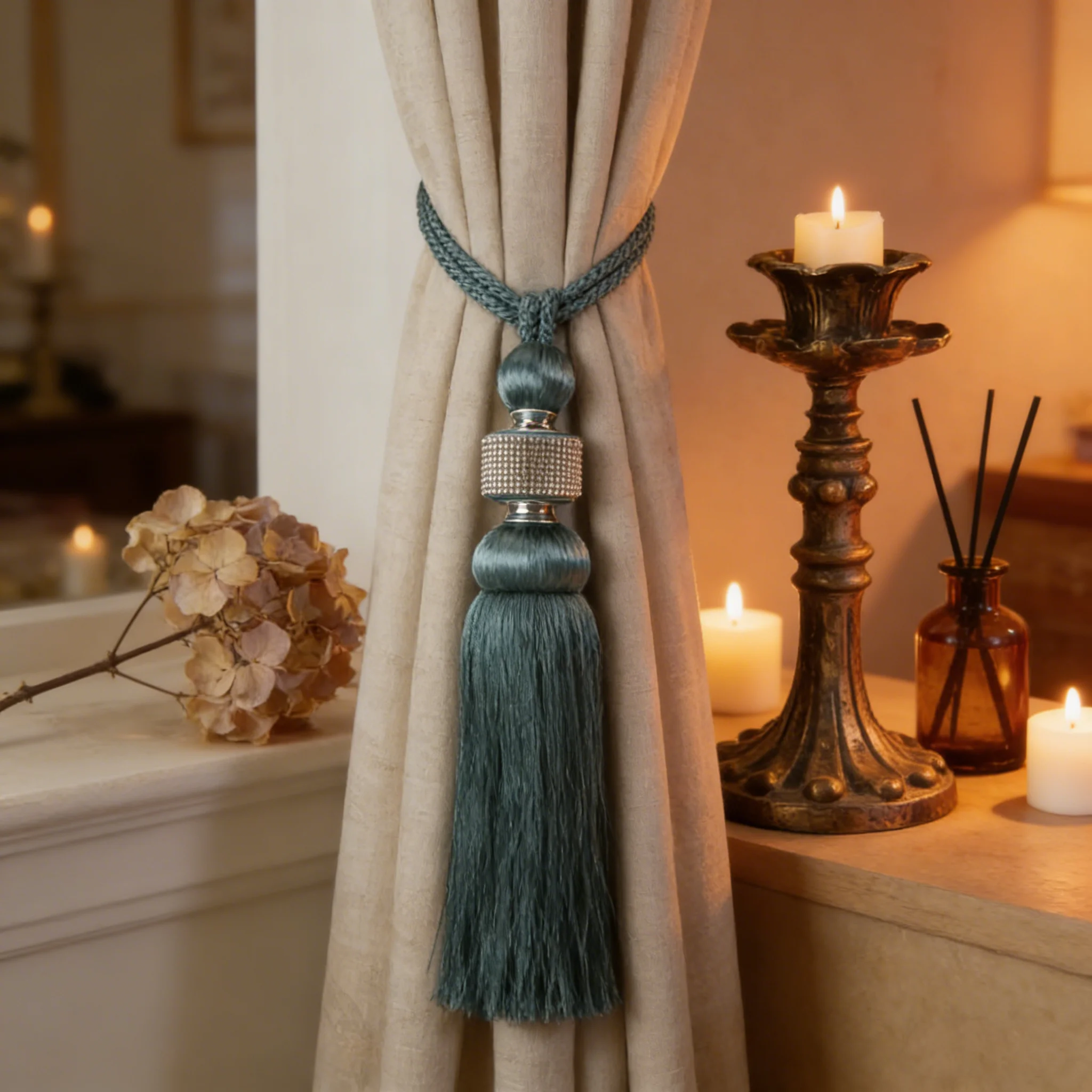 Luxury Curtain Tiebacks Balls with Diamonds Tassel, Simple Elegant Rope Holdbacks for Living Room Drapes Decor