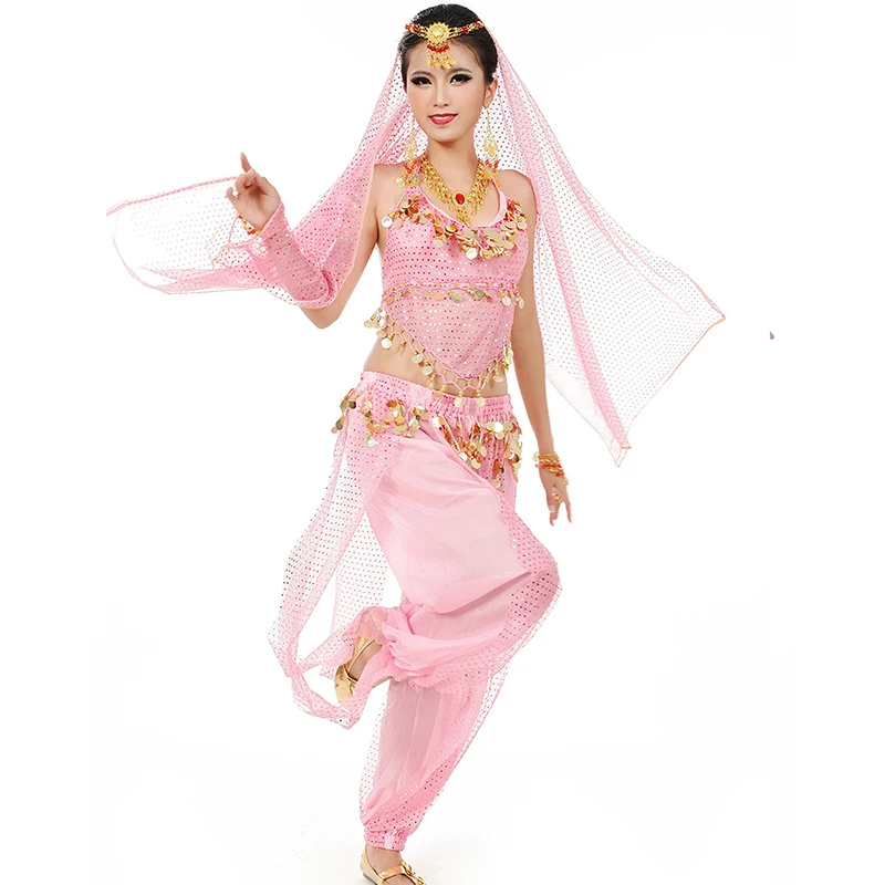 Women Ladies Bollywood Belly Dance Costumes India Arabian Stage Coins Lace-up Back Top Harem Pants Halloween Costume Cosplay