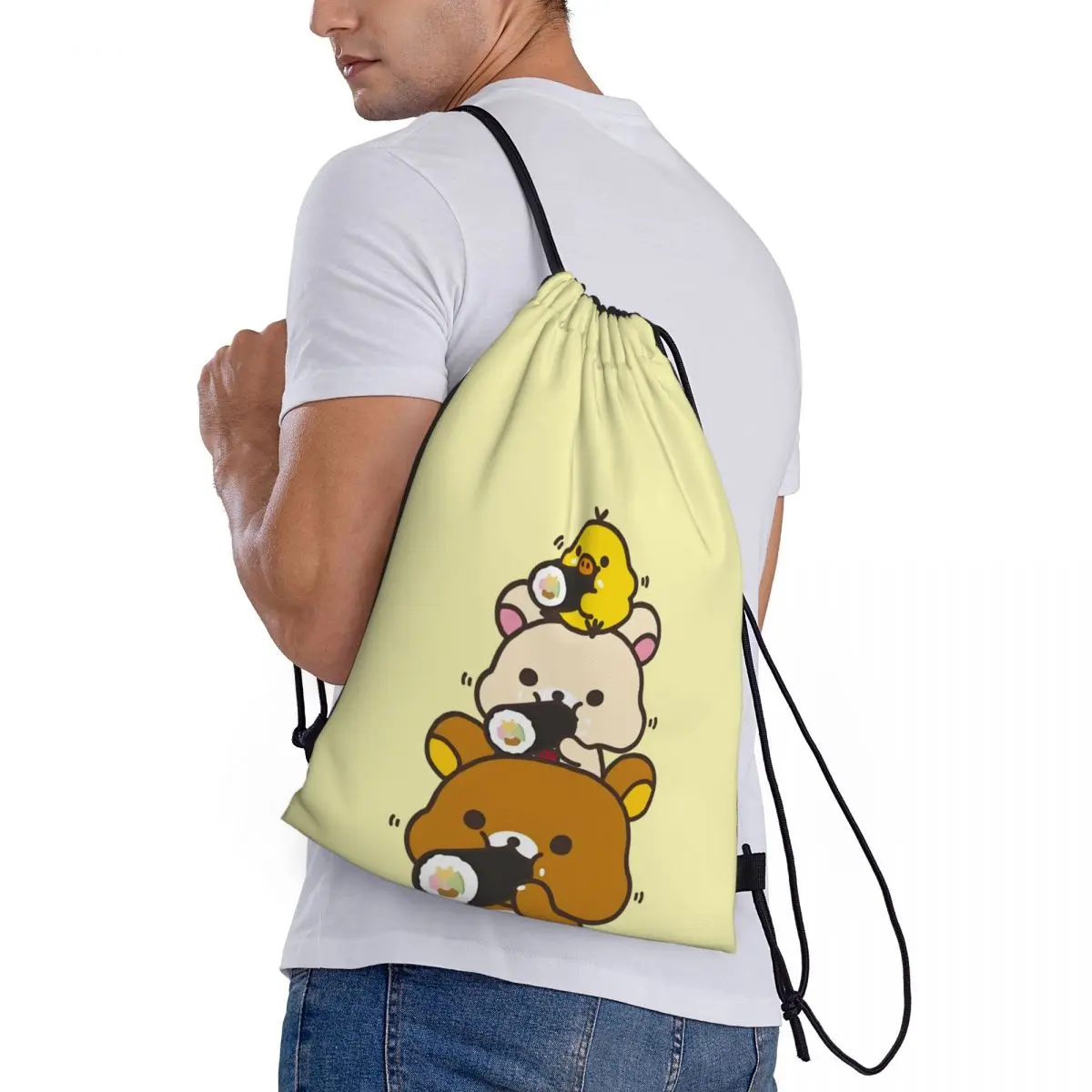 사용자 정의 Rilakkuma Drawstring 가방 남자 여자 휴대용 스포츠 체육관 Sackpack 귀여운 곰 훈련 배낭