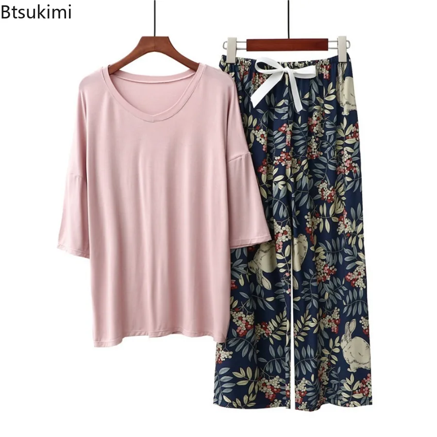 2026 السيدات الصيف مشروط القطن منامة دعوى بسيطة الأزهار بيجامة مجموعات النساء قصيرة الأكمام بلوزات وسراويل قطعتين مجموعة Homewear #5