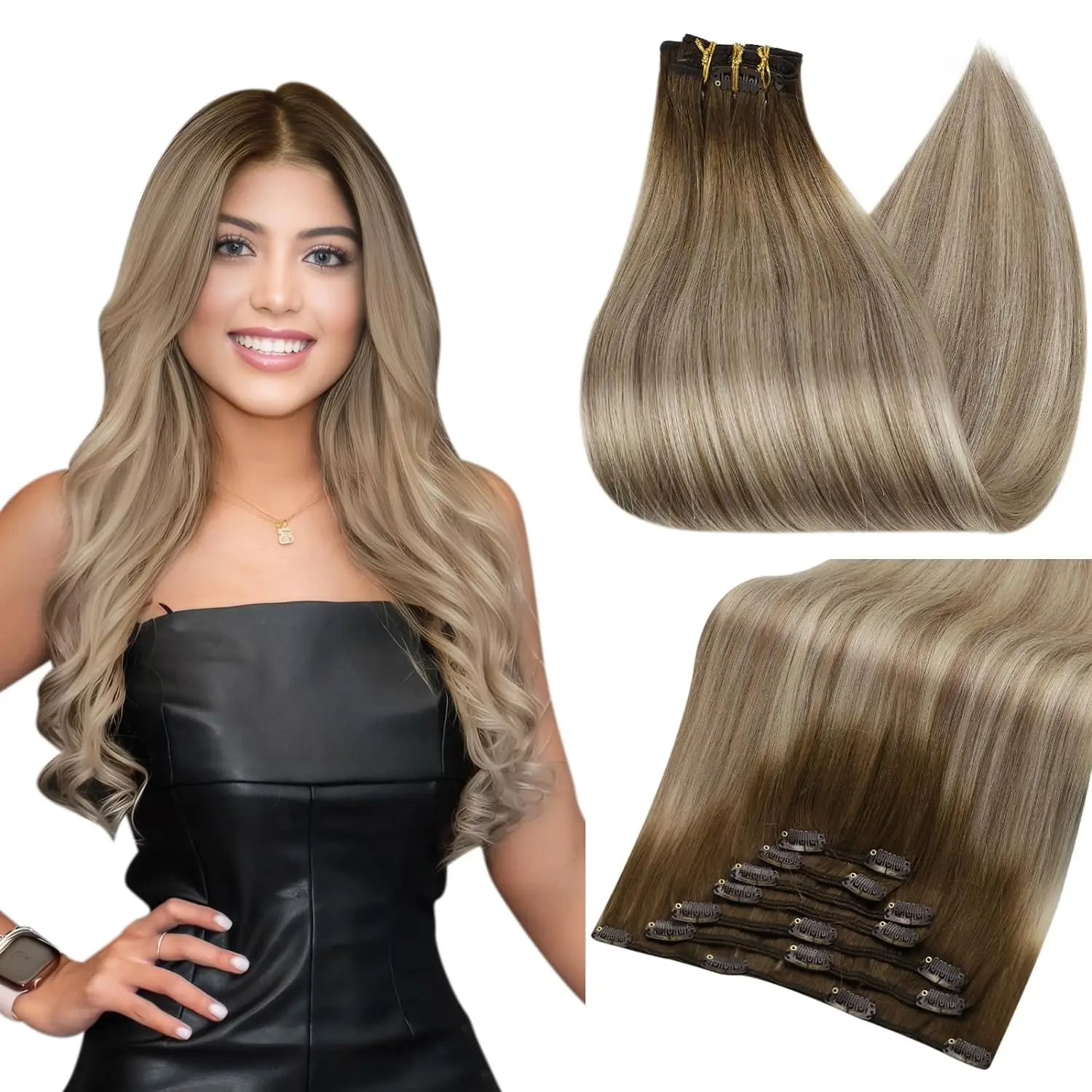 Extensiones de Cabello Balayage con Clip, extensiones de cabello humano, Clip de trama doble, brillo completo