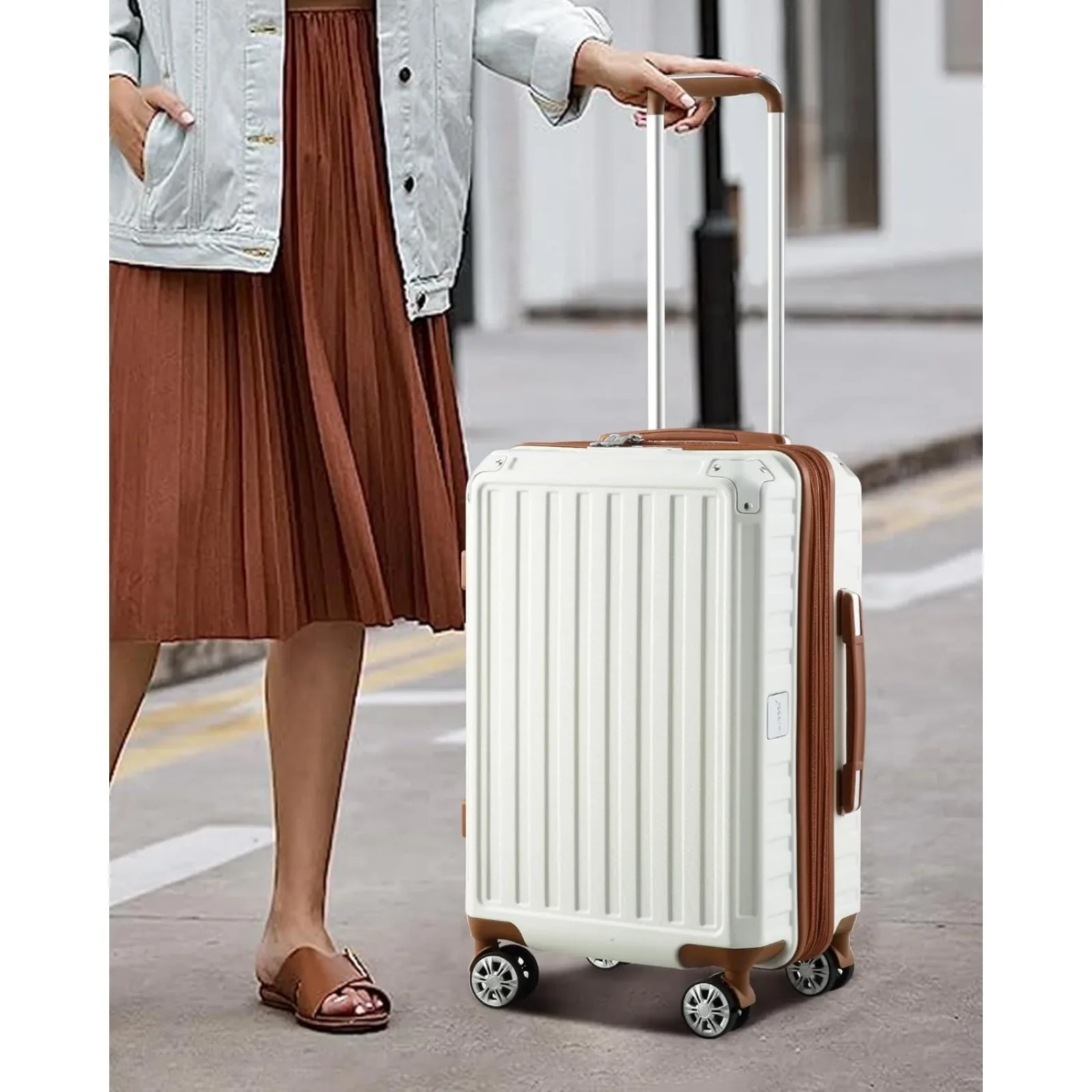 LUGGEX-Valises élaborées extensibles avec roues tournantes, bagages de cabine, approuvé par la compagnie aérienne, PC, blanc, marron, 20 po, 22x14x9