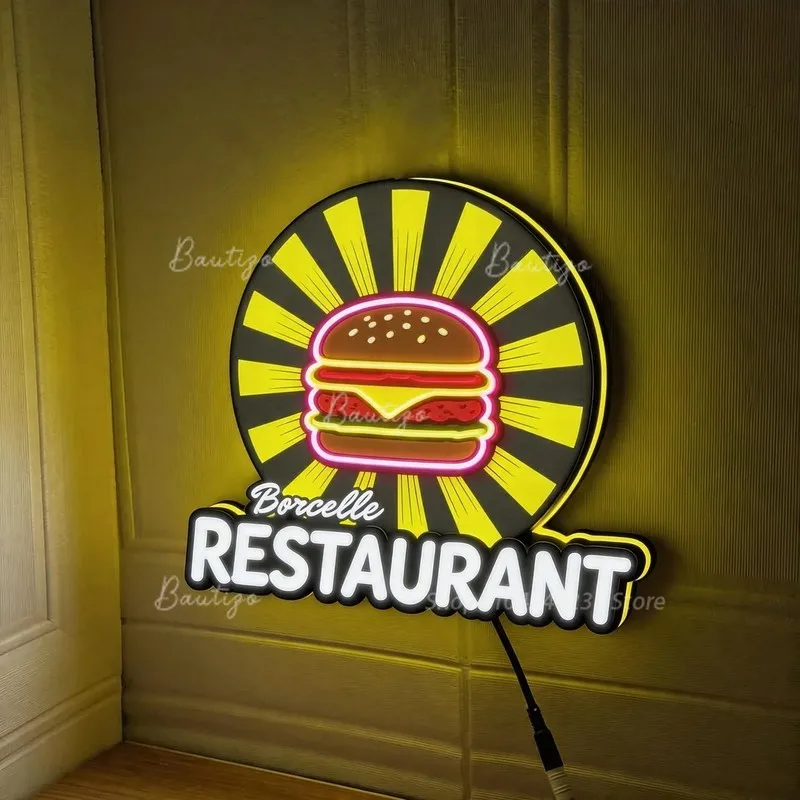Restaurant Custom Neon Sign, RGB Acrylic LED Signboard, Wall Illuminated Letter Light Box for Business Logo Poster Print