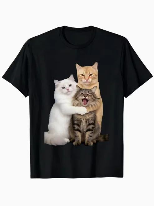 Summer Men’s and Women’s Cute Cat Hug Pattern T-shirt, Funny Cat Print Casual Crew Neck Black T-shirt