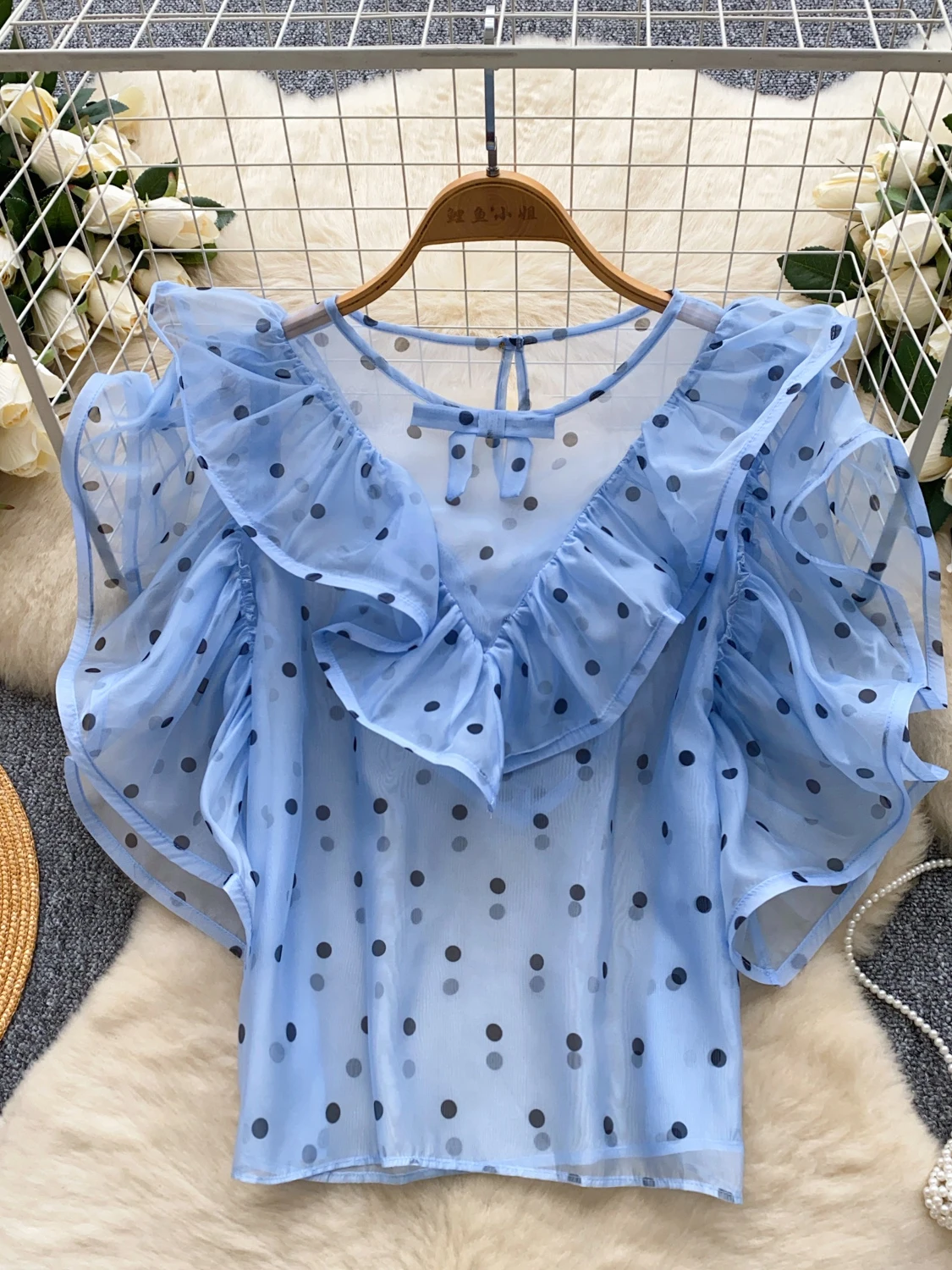 

Women'S Chic Blouses 2025 Vintage Basics Ruffle Mesh Polka Dots Slim Tops Lady Streetwear Pretty Blouse Office Wear Woman Shirts