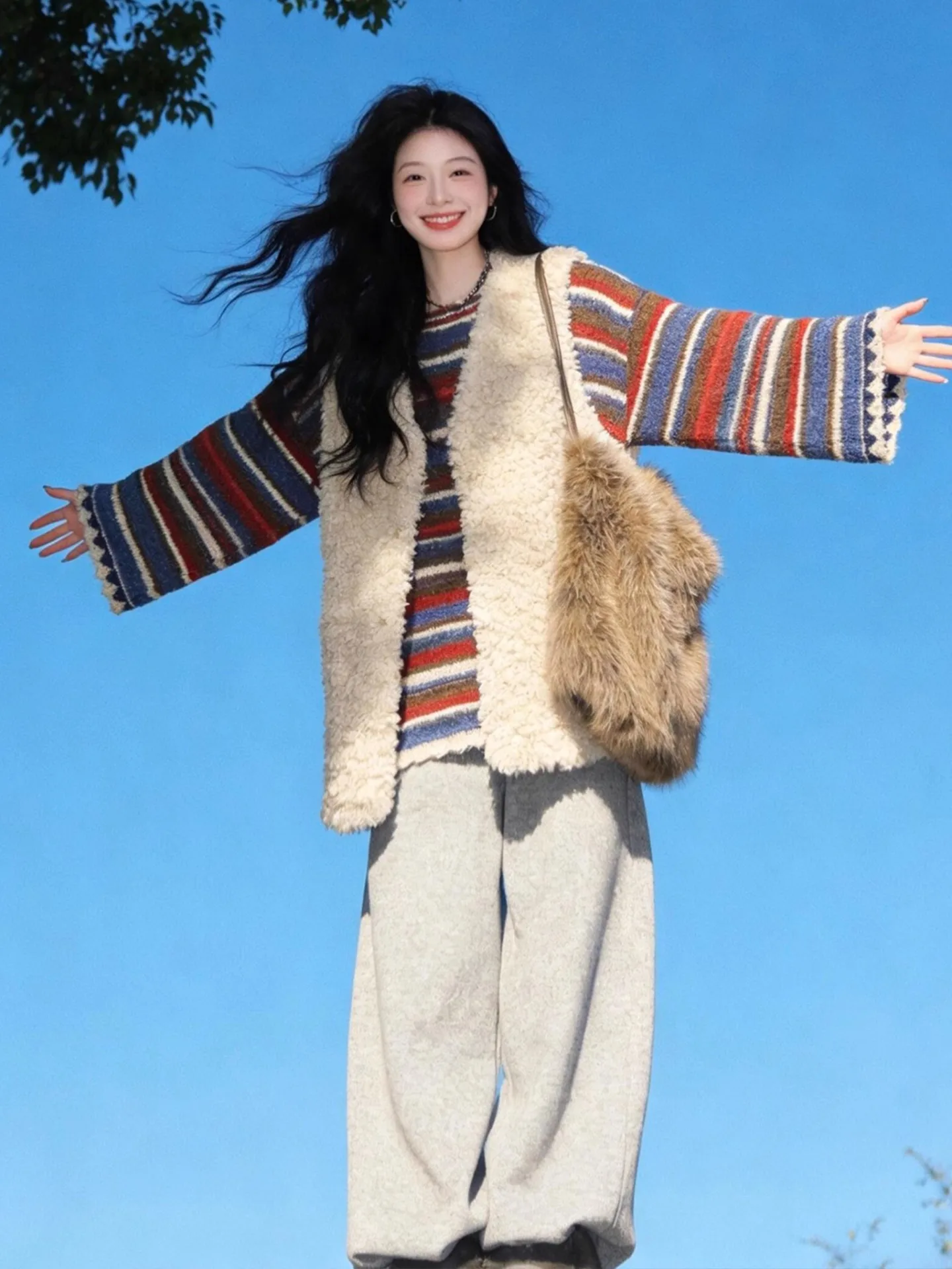 

plus Size Winter Knitwear Set for Women with Furry Vest Wide Leg Pants Comfortable Loose Fit Tee Piece Ensemble Casual Wear