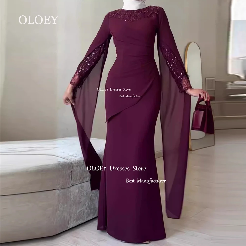 

OLOEY Elegant Dark Purple Beads Evening Dress Arabic Pleats Chiffon Straight Wedding Party Dress Formal Prom Gowns Custom Made