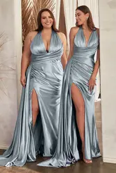 Plus Size Prom Dresses Halter Mermaid Pleats Long Sweep Train Stretchy Satin Backless Formal Party Women Elegant Prom Gowns