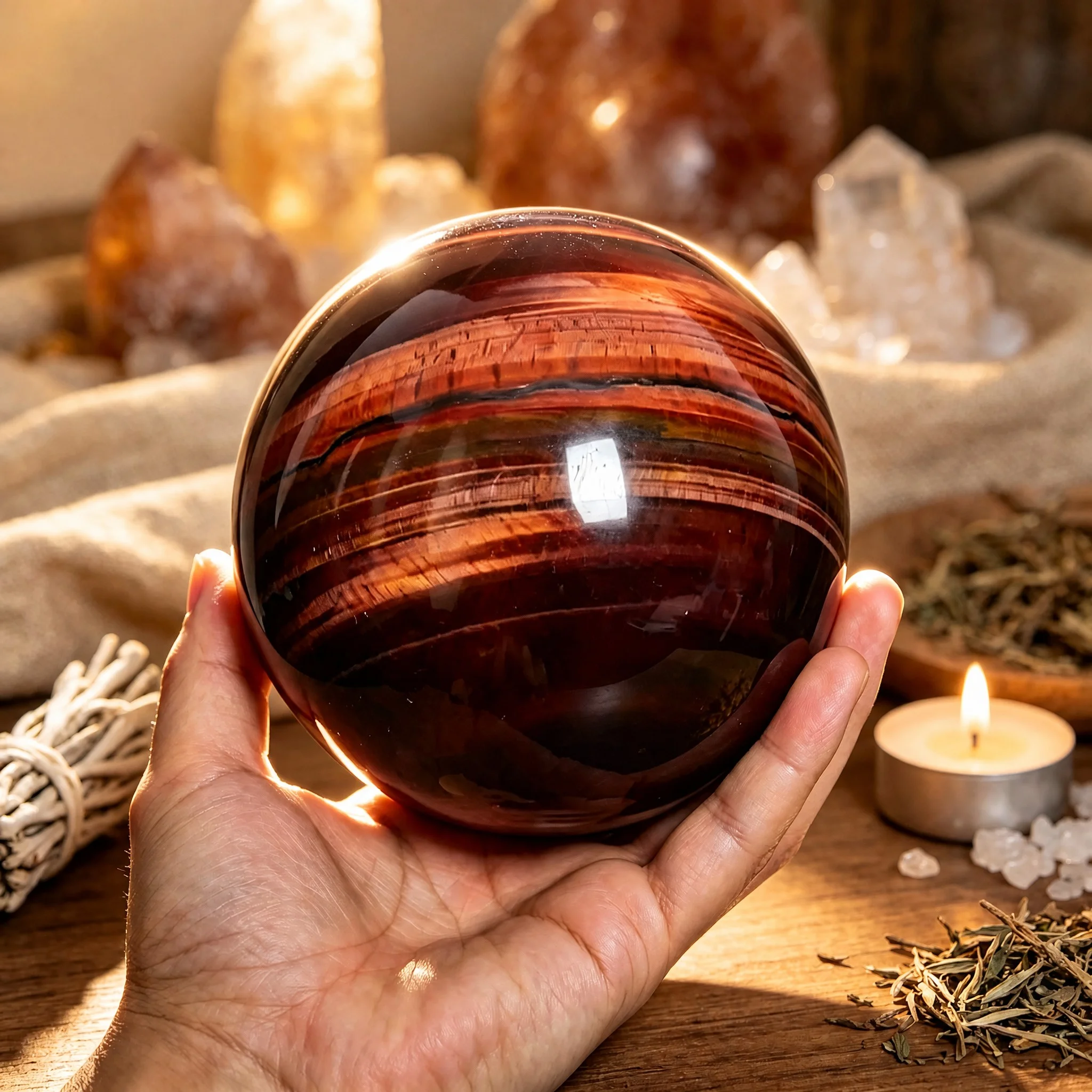 Natural Red Tiger's Eye Crystal Sphere, Polished Healing Crystal Ball, Chakra Balancing Reiki Meditation Witchcraft Altar Spiritual Home Decor Gift