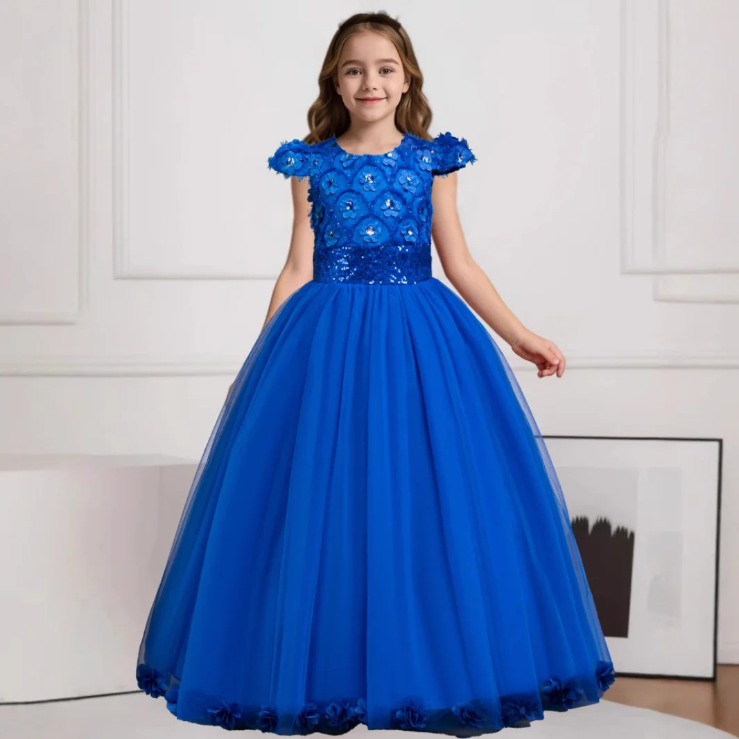 Girls' Summer New Decal Sequin Mesh Long Princess Dress Children's Day School Host Sweet and Fashionable Evening Dress