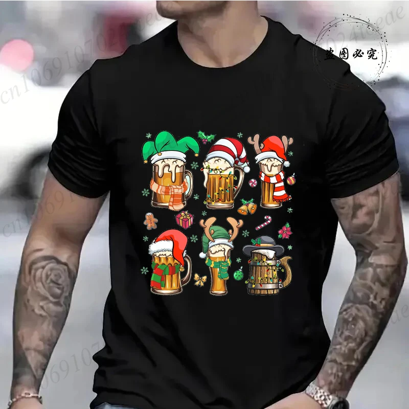 

Merry Christmas Beers Men's Short Sleeved Print T-Shirts Casual Men T-shirt Beers Xmas Holiday Male Tees Christmas Drinking Tee